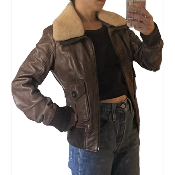 100% genuine brown leather bomber aviator jacket removable shearling collar - Picture 14 of 14